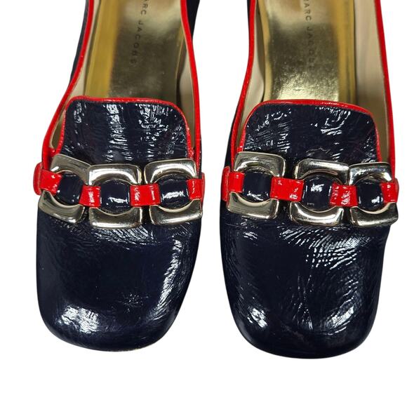 Marc by Marc Jacobs Pumps Womens 38 Navy Red Patent Leather Chain Heeled Loafers - Picture 7 of 14